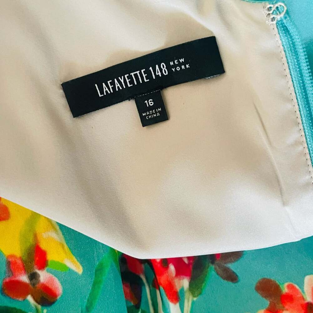Lafayette 148 New York Floral Midi Dress Size 16 Teal Red Yellow Sleeveless Fit - Picture 5 of 8